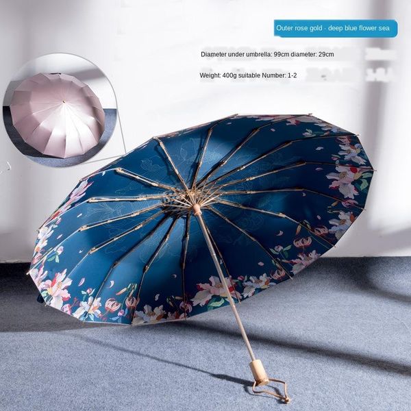 

umbrellas 16k windproof three-folding rose flower women umbrella fashion wooden handle color coating sunscreen uv sunny and rainy