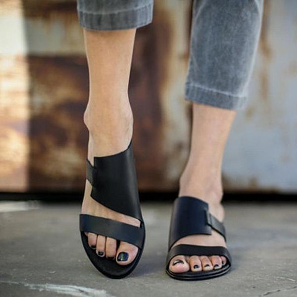 

plus size 35-43 2021 fashion women leather sandals casual summer slip on slippers shoes, Black