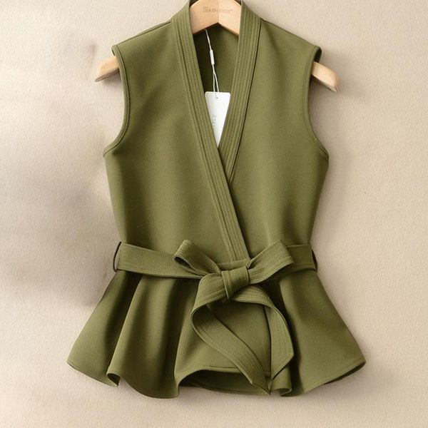 

women's vests [ewq] 2021 autumn slim sleeveless plus size vest coat fashion korean waist for women female lace up ruffles, Black;white