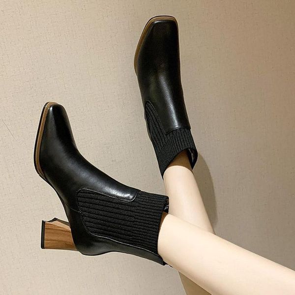 

boots women ankle high heels black knitting booties 2021 winter woman dress shoes square toe stretch botas retro mujer 8555n