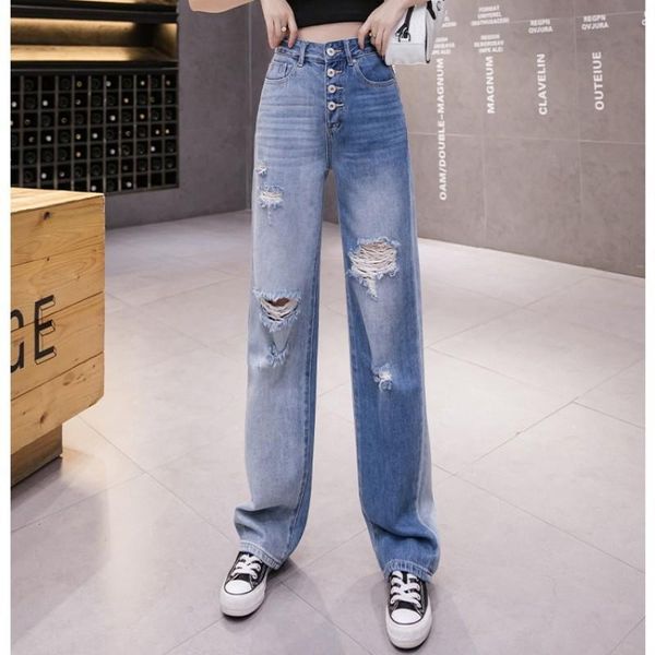 

women's jeans single-breasted patchwork hole denim trousers for women high waist casual loose straight female pants spring fashion tide, Blue