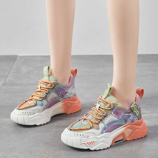 

rainbow bottom daddy shoes chilen 2021 autumn fashion color blocking versatile sneakers mesh breathable women's minous