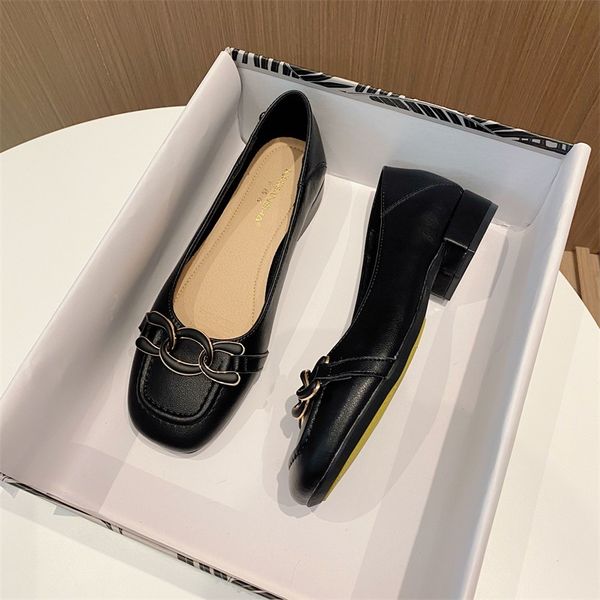 

leather casual single shoes women's autumn chain square head small leather shoes thick heel shallow mouth women's single, Black
