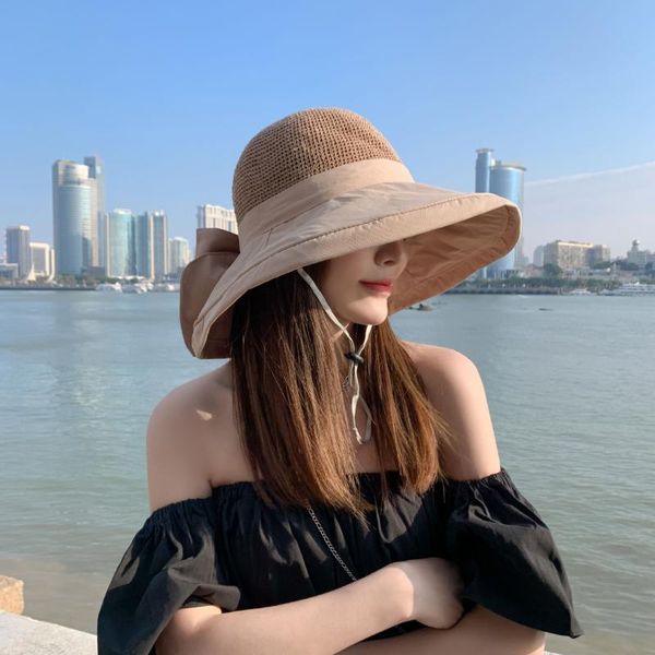 

sun hat woman net fisherman beach bow summer breathable large brim straw cotton wide hats, Blue;gray