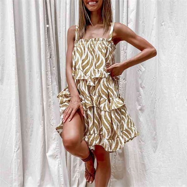 

leaves print summer dress women casual beach boho ruffles a-line mini vestidos clothes girls party 210427, Black;brown