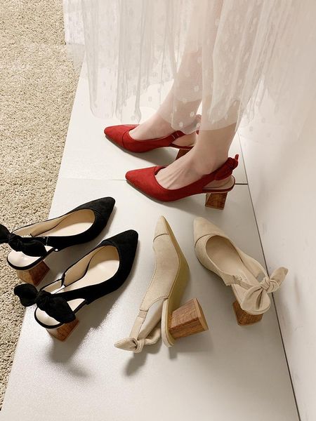 

dress shoes retro high heel women's thick heels 2021 spring and summer net red bow wild pointed mid sandals women, Black