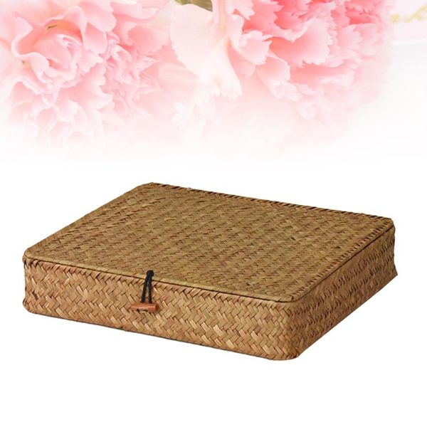 

storage baskets nordic style hand-woven seaweed basket household rectangular sundries organizer box with lid and button (yellow)