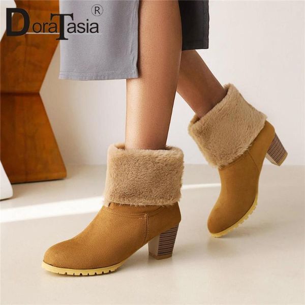 

boots big size 34-43 ladies winter warm plush snow slip-on thick high heels women's ankle party office shoes woman, Black