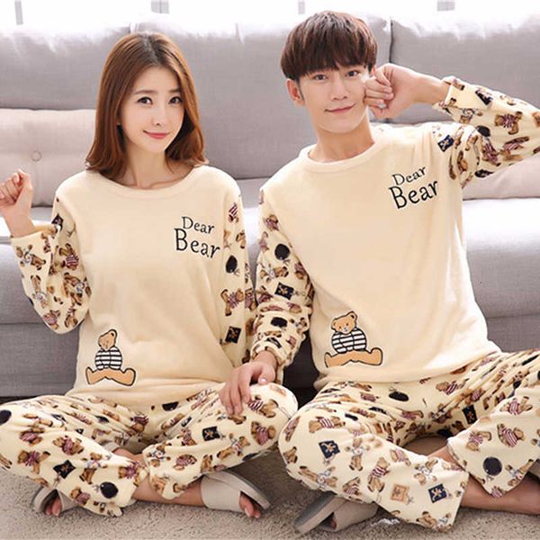 Casais de inverno grosso quente flanela pijama conjuntos para mulheres manga comprida coral veludo pijama homens bonito desenhos animados sleepwear casa roupa sh190905
