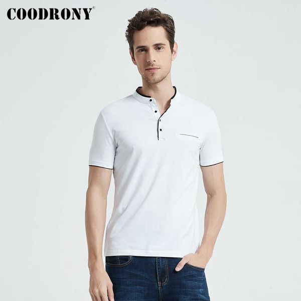 Coodrony Mandarin Collar Manga Curta Camiseta Homens Primavera Primavera Top Homens Marca Roupas Slim Fit algodão T-shirts S7645 210707
