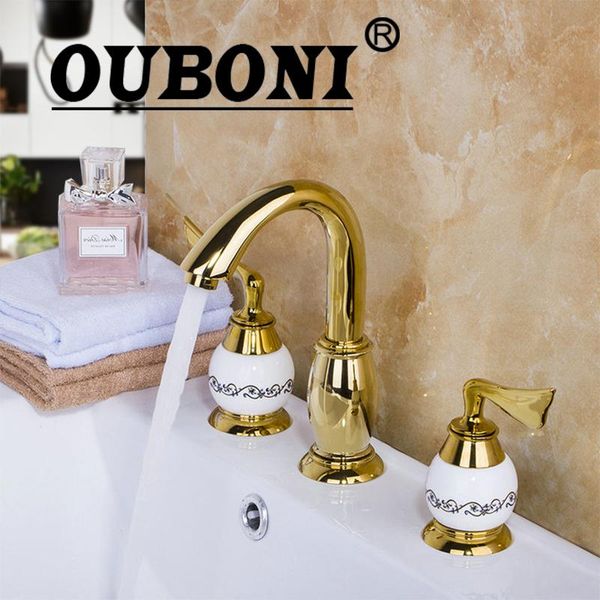 

bathroom sink faucets ouboni luxury golden plated faucet set deck mounted 3pcs bathtub european split basin mixer tap ceramic body