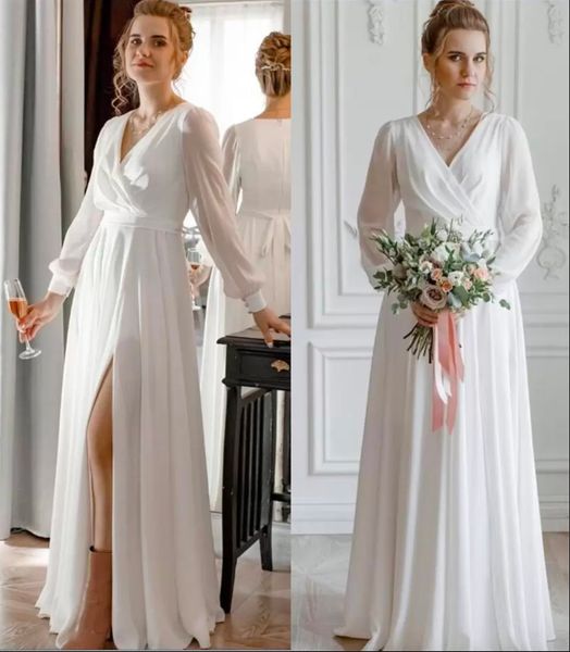 

simple a line chiffon wedding dress 2022 white ivory bridal gowns v neck long sleeves floor length with sash lady summer beach marriage dres