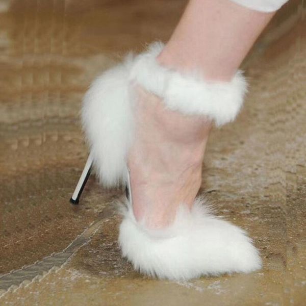 

abesire 2021 women white fur high heels ankle strap sandals ladies pointed toe elastic band dress runway shoes woman, Black