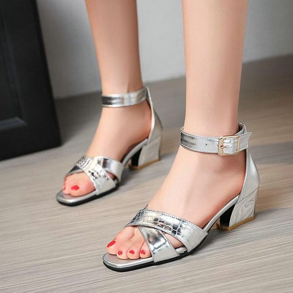 

sianie tianie 2021 summer open toe patent pu gold silver buckle strap office womens shoes chunky heels woman sandals size 33-45, Black