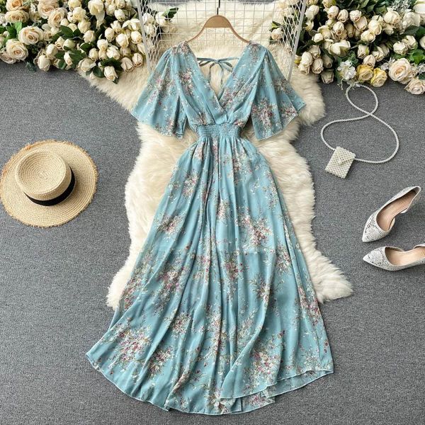 

casual dresses singreiny women chiffon floral long dress korean v neck short sleeve ruched a-line summer bohemian print beach, Black;gray
