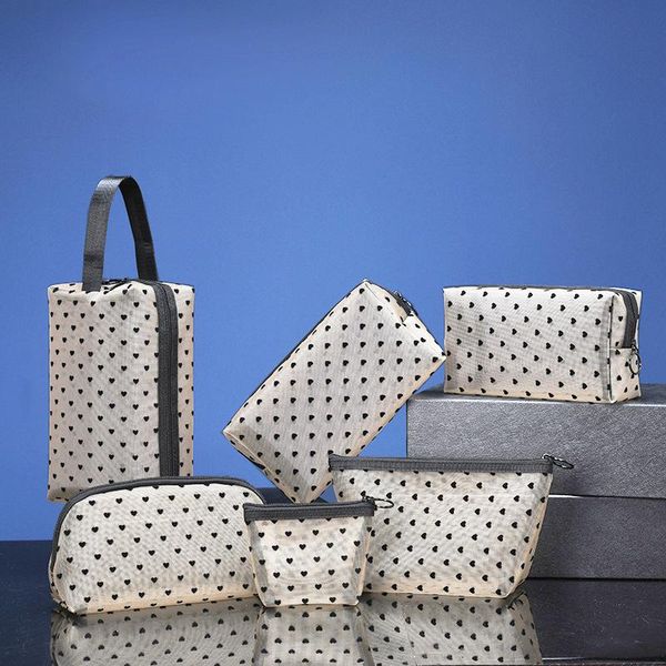 

outdoor bags ins mesh flocking love cosmetic bag portable lipstick travel toiletry storage sub-packed toilet 6-piece set