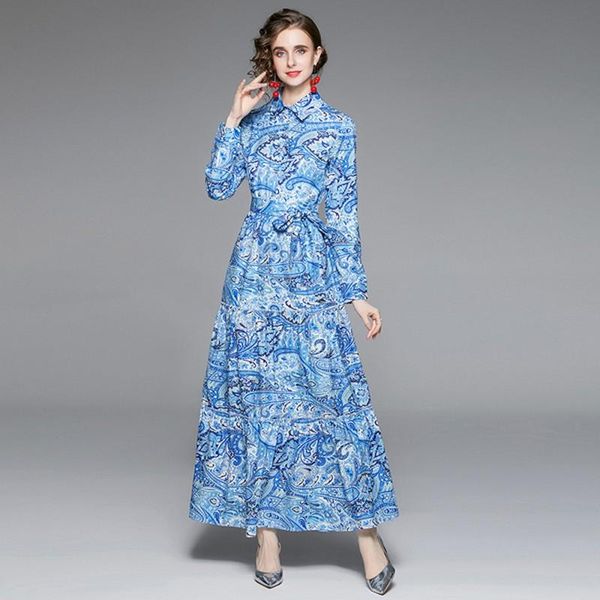 

casual dresses 2021 autumn winter fashion runway maxi dress women's long sleeve single breasted floral print sashes vestidos, Black;gray