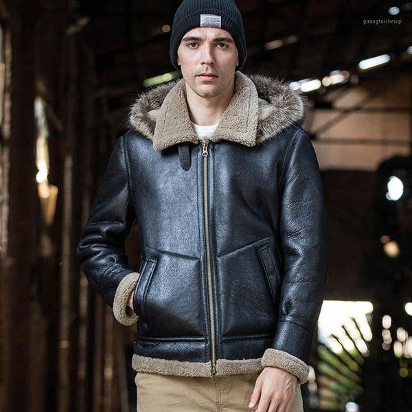 

men's leather & faux 2021 racoon hooded detachable natural sheepskin fur coat men winter warm thicken brown black real coats