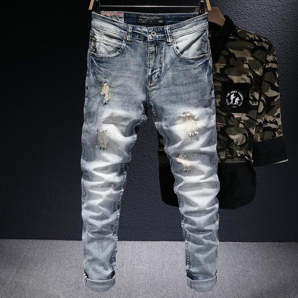 

men's jeans european street fashion men retro light blue elastic slim ripped embroidery designer hip hop denim pencil pants