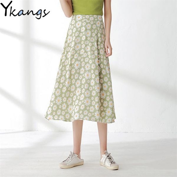 

korean daisy chiffon printed women midi skirts high waist casual slim female long skirt vintage summer fashion ladies bottoms 210421, Black
