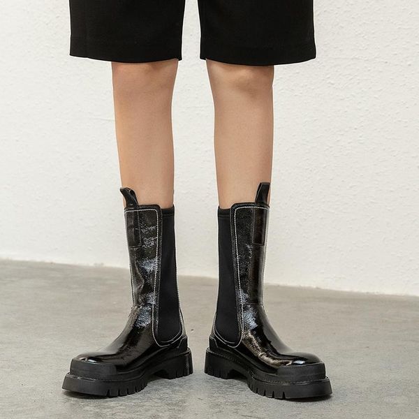 

boots 2021 winter style sponge cake bottom layer cowhide round toe flat-heel women's, Black