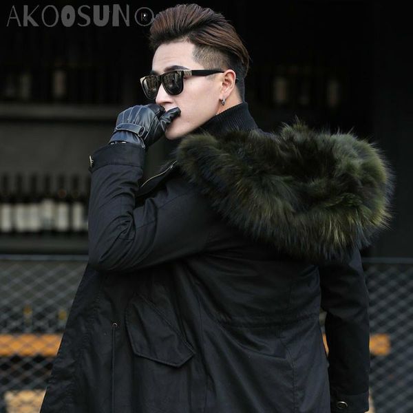 

men's leather & faux akoosun natural raccoon fur coat warm winter jacket men collar parka clothes long f-pkf-1111 my774, Black