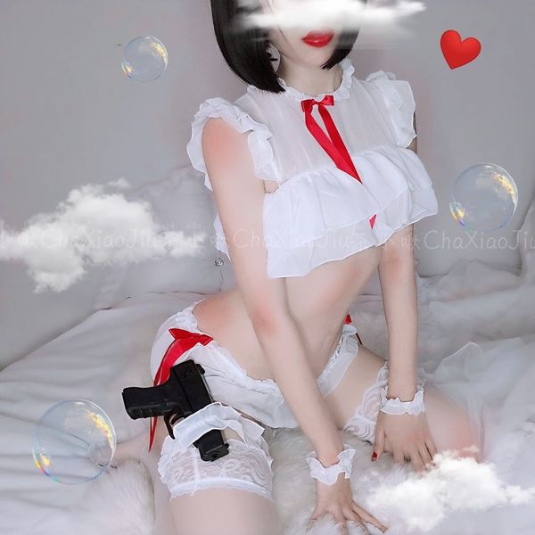 

lace perspective pyjamas transparent sling and shorts sleeping perspective maid costume lingerie set home service, Red;black