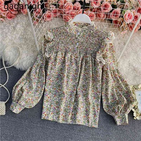 

korean elegant slim sweet lace blouses o-neck floral print patchwork chiffon women shirts long sleeve office lady 210601, White