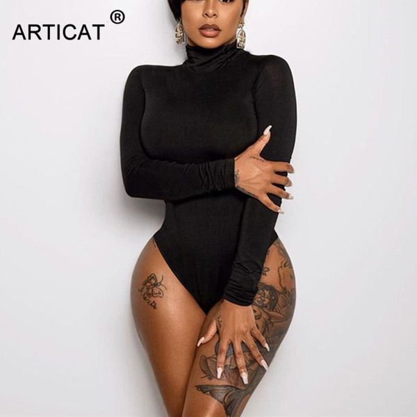 

articat high collar skinny bodysuit women long sleeve slim elastic rompers womens jumpsuit casual autumn basic playsuit women's jumpsu, Black;white
