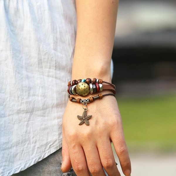 

charm bracelets personality multilayer alloy vintage leather mens beaded punk bracelet handmade designs jewelry gifts, Golden;silver