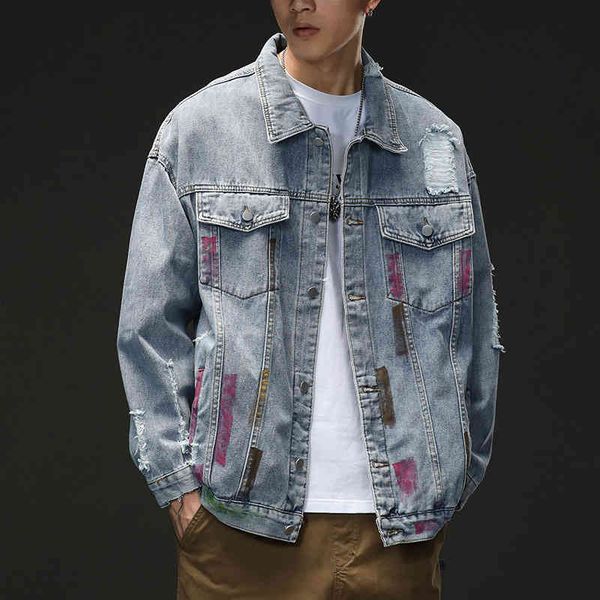 

men's jackets denim 2021 autumn fashion hole painting casual loose, Black;brown