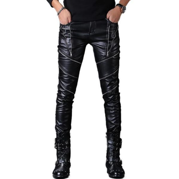

men's pants windproof warm motorcycle faux leather mens harem personality fashion pu trousers for men pantalon homme autumn, Black