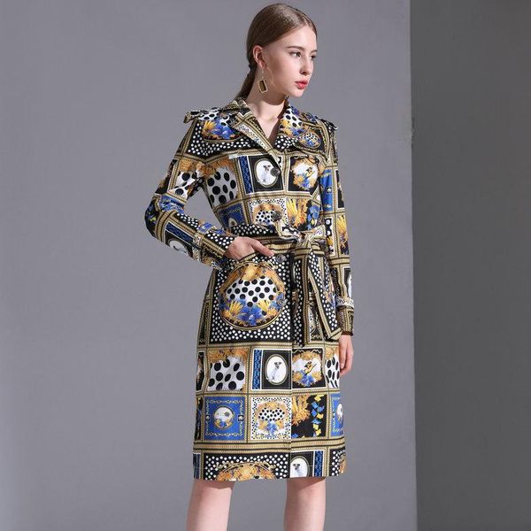 

women's trench coats 18 autumn and winter retro print long-sleeved slim jacket single-breasted suit collar windbreaker dress high quali, Tan;black