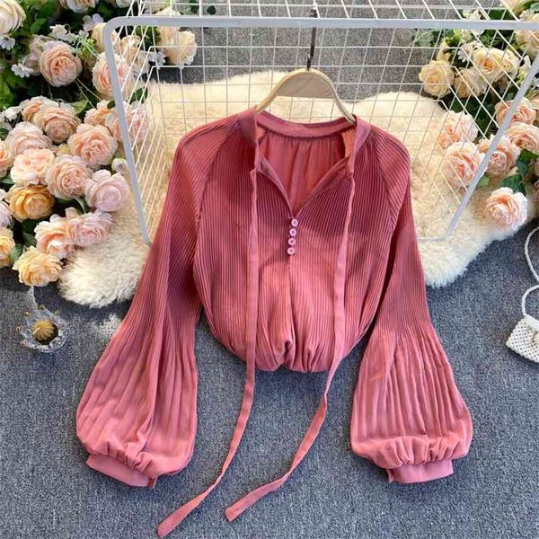 

lady chiffon shirt women's fashion pleated lantern sleeve loose candy color spring clothing korean blouse q850 210527, White