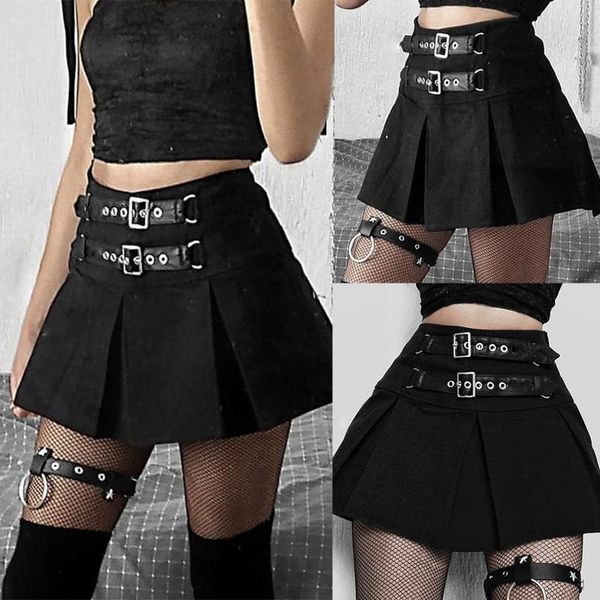 

skirts gothic high waist leather button short skirt a-line pleated mini women's with lining safety shorts streetwear faldas, Black