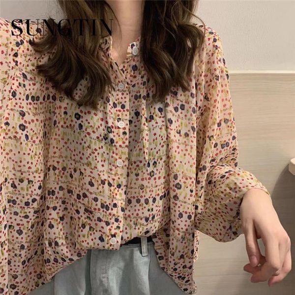 

women's blouses & shirts sungtin vintage polka dot print blouse shirt women lantern sleeve chiffon thin loose korean oversized casual, White