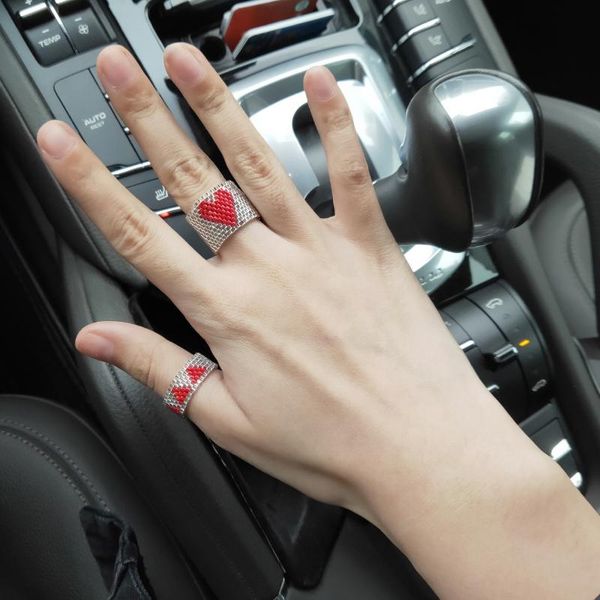 

wedding rings miyuki beaded sweet red heart love silver woven ring set geometric party friendship drop boho woman gifts, Slivery;golden