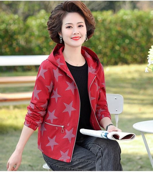 

middle-aged mothers wear comfortable short casual jacket spring middle aged and elderly women's printed hooded jackets, Black;brown