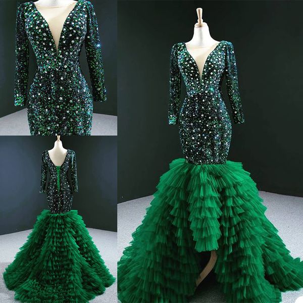 Verde escuro Lantejoulas Vestidos mangas compridas de luxo cristal Sheer V Neck Formal Prom Dress Ruffles Train Mermaid Partido Vestidos