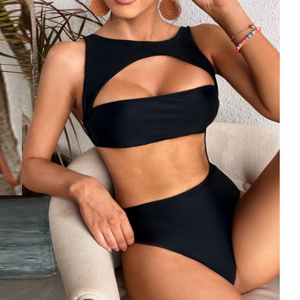 

one-piece suits women hollow out solid swimwear bikini set 2021 high waist swimsuit one piece tights female beachwear bathing suit mono