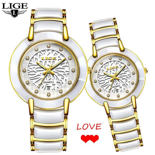 

couple watches lige ceramic quartz clock waterproof luminous wristwatch fashion women watch men lovers wristwatches, Slivery;brown