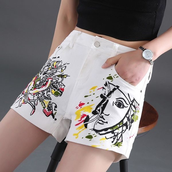 

women's shorts summer white printing denim women's shorts frilly stretch casual streetwear ol girl-washed zipper straight lc8h, White;black