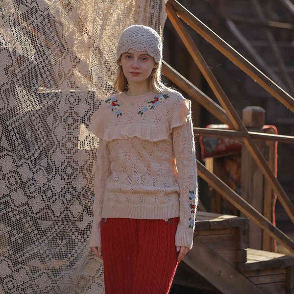 

women's sweaters fall winter clothes women korean sweet mori girls handmade embroidery hollow out knitted wool shrimp pink sweater q1ht, White;black