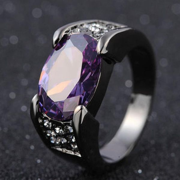 

wedding rings fashion classic red purple gem oval crystal for women men vintage black engagement ring anniversary gift jewelry, Slivery;golden
