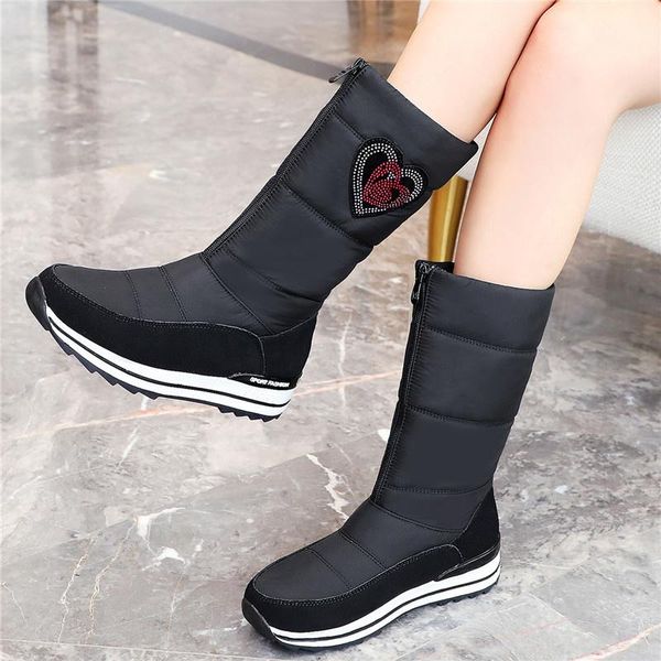 

boots qplyxco2021 cow leather snow women wedges waterproof platform thick fur warm winter ladies half botas, Black