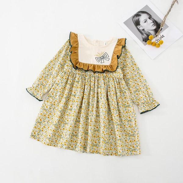 

girl's dresses girls princess dress girl spring autumn cute embroidery lace stitching collar puff sleeve 2-7 years baby fashion clothes, Red;yellow