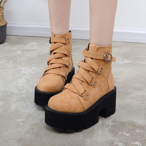 

platform belt buckle high heel boots short muffin bottom waterproof, Black