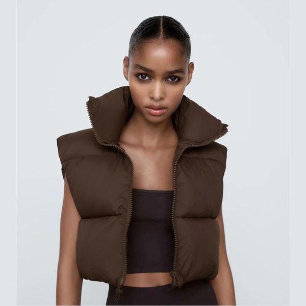

women's vests winter women stand collar cotton vest thicken down elegant solid color zipper jacket sleeveless street retro fashion, Black;white