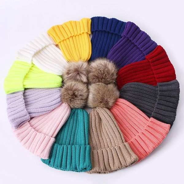 

beanies winter children's beanie hat fur pom cotton blends solid warm soft hip hop knitted hats boy girl caps kid's skullies
