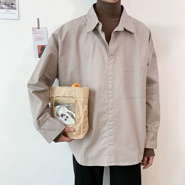 

men's casual shirts spring fake two-piece high collar fashion solid color dress men korean loose long sleeve mens dzxd, White;black